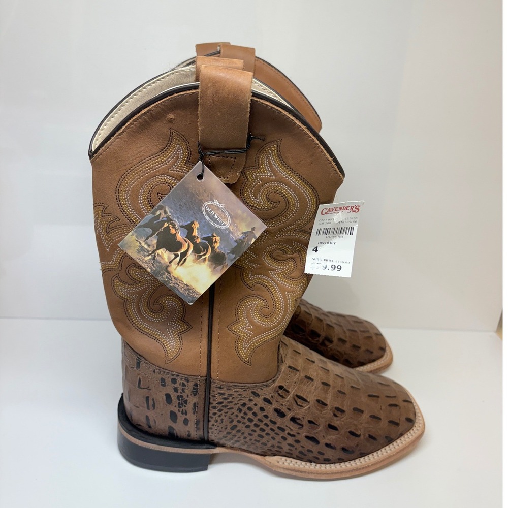 Old West Youth Boys 4 Chocolate Croc Print Tan Leather Square Toe Cowboy Boots